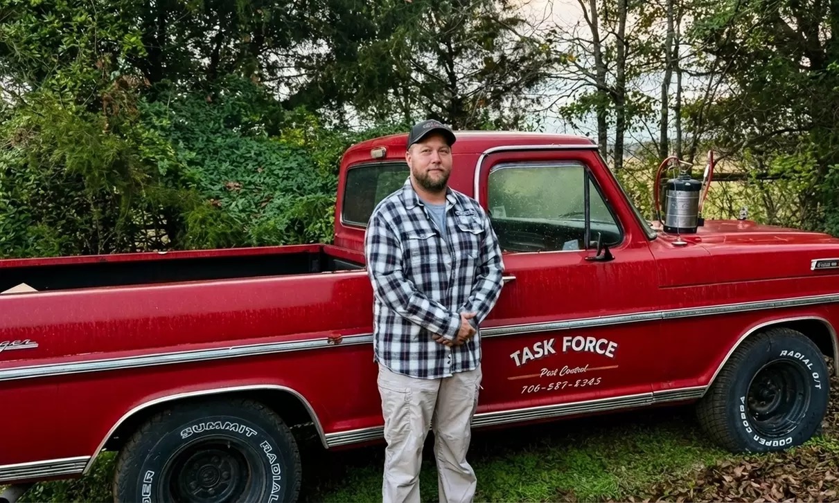 Task Force Pest Control owner beside service truck